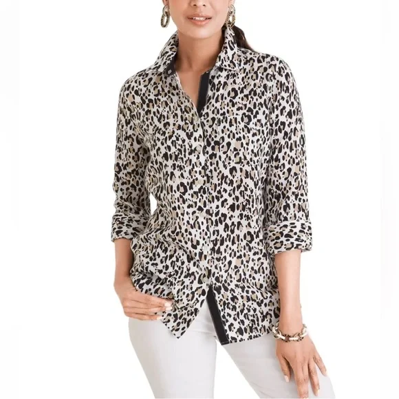 Chico's No Iron Linen Button Up Shirt Size 2 Leopard Print 3/4 Sleeve - Picture 1 of 11